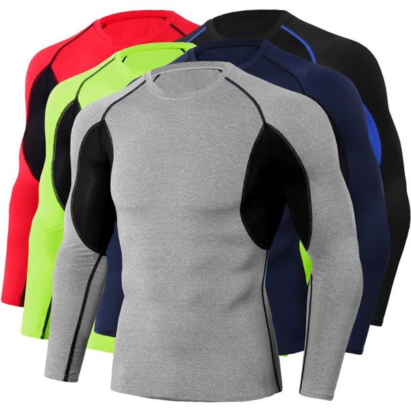 

mens bodybuilding compression shirt quick dry gym training running fitness long sleeve tight tees sport skinny tshirt, Black;blue