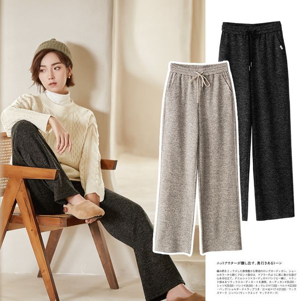 

2xl keep warm wide leg woollen pants for winter high waisted wool floor pants straight tube korean trousers women, Black;white