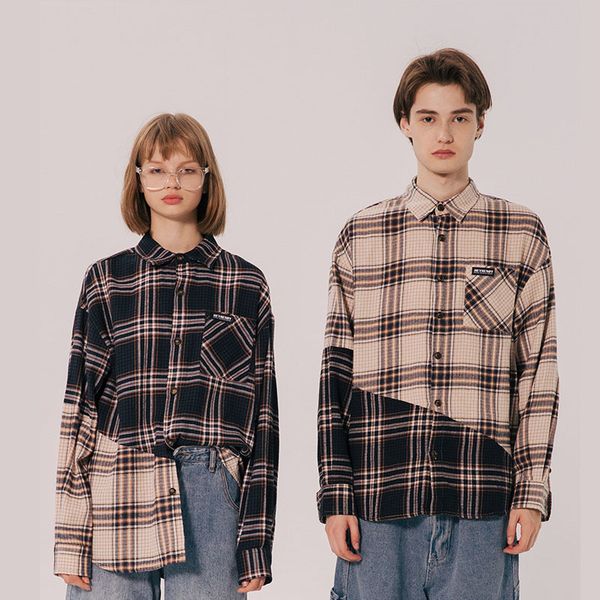 

мужчины женщины с длинным рукавом сращивание плед повседневная рубашка япония корея стиль мужской vintage fashion streetwear hip hop сыпучие, White;black