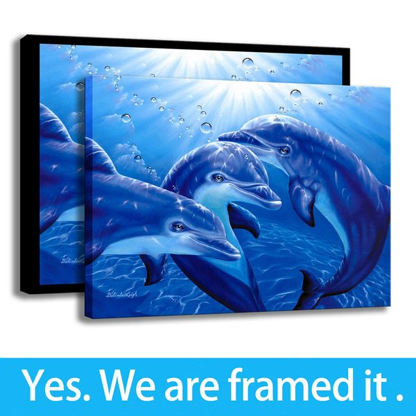 

modern painting canvas hd print animal home decor playful dolphins wall art - ready to hang - framed