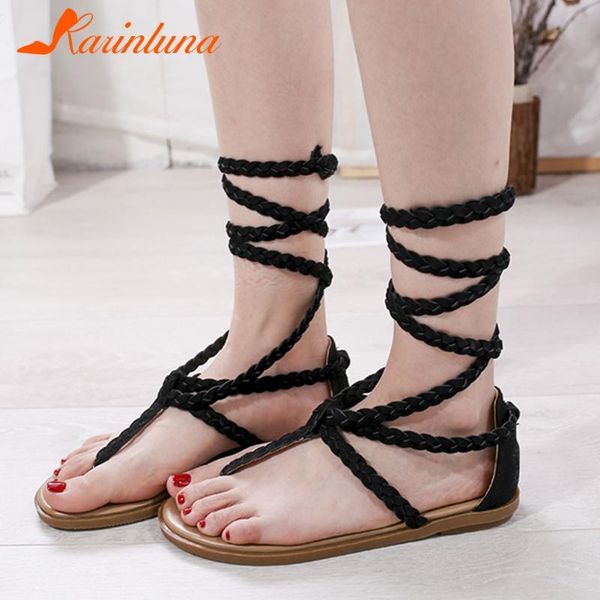

karin 2020 new fashion dropship summer sandals woman shoes lace up ankle-wrap solid leisure shoes women sandals female, Black