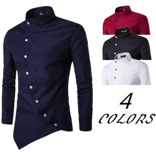 

spring autumn men button irregular casual fashion shirt long sleeve slim fit male shirts solid stand cotton men shirts, White;black