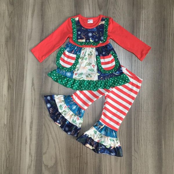 

baby girl christmas outfits girls winter clothes classic deer with bell bottom stripe trousers girls outfits, White