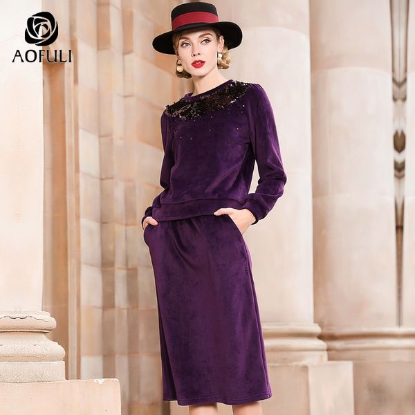 

aofuli big size purple skirt set women two piece spring suits long sleeve velvet twinset lady skirt outfit l~ 3xl 4xl 5xl a3864, White