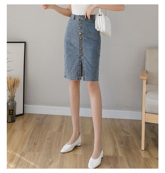 

spring summer 2020 new denim sheath wrap skirts single-breasted high waist pencil midi skirt front split skirts womens, Black