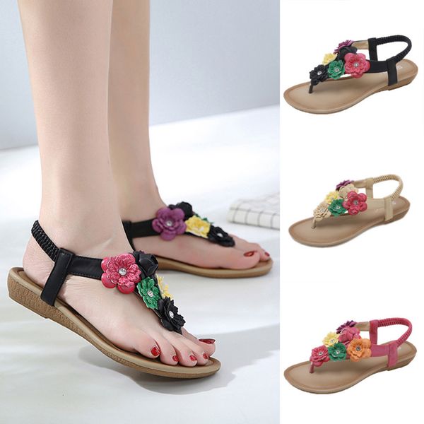 

sandals women shoes summer new national women's sandals cross-border bohemian flowers large size comfortable pinch beach shoes, Black
