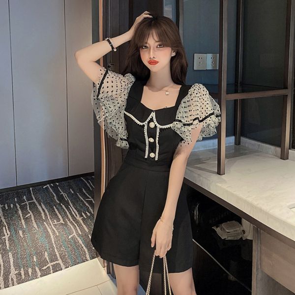 

fashion lady temperament goddess fan mesh polka dot stitching hepburn small black skirt waist slimming wide leg one-piece shorts, Black;white