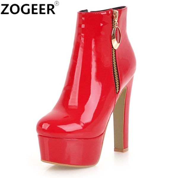 

autumn winter ankle boots fashion high heels platform motorcycle boots patent leather ladies wedding shoes black red