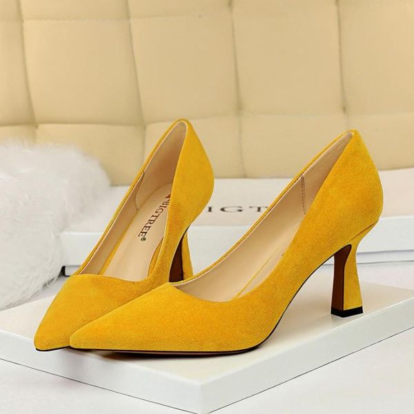 

eoeodoit 2020 spring autumn flock party shoes 7.5 cm pointed toe slip on stylish office lady formal heels plus size 42 pumps, Black