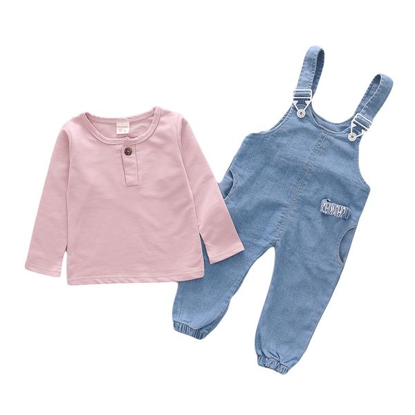 

2pcs wlg boys clothes kids white pink t shirt and denim blue overall clothing set baby casual clothes children