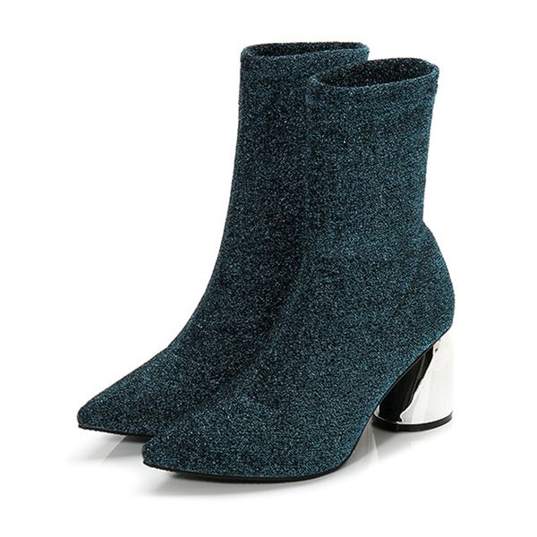 

europe fashion ankle elastic sock boots chunky high heels stretch women spring autumn bling booties pointed toe women pump, Black