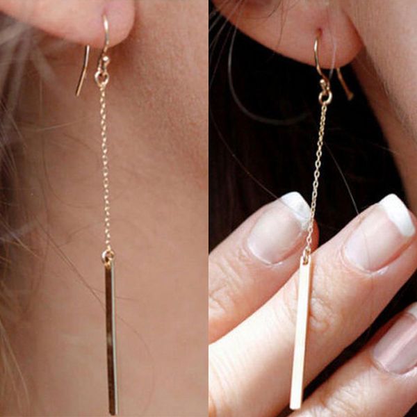 

simple long chain strip earrings female joker metal alloy golden colors geometric dangle ear stud hooked pendant eardrop statement jewelry, Silver