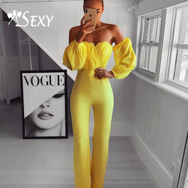 

go2019 new women party club yellow off shoulder chiffon long sleeve strapless full length bandage bodycon jumpsuits, Black;white