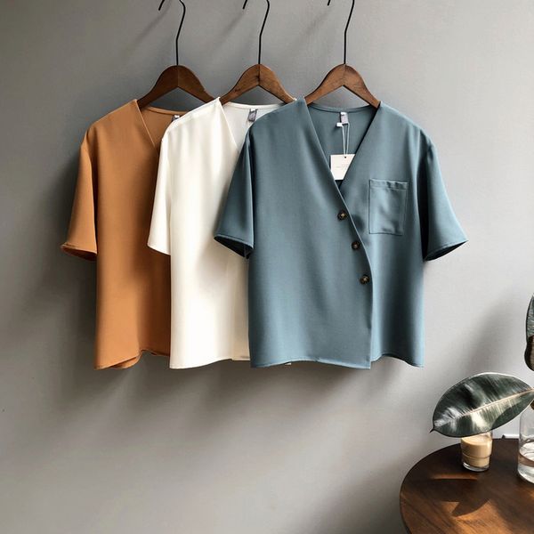 

oblique buckle v neck women summer shirts short sleeve blue khaki white korean style shirts blouse
