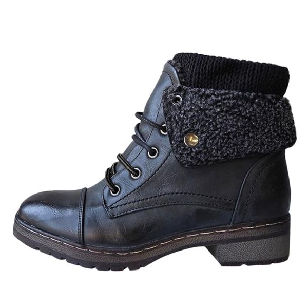 

eillysevens women's boots round toe women's leather flanging zipper low-heeled combat style lace up ankle booties#g35, Black