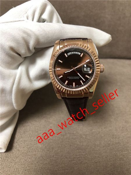 

2020 new mens fashion watch master 36mm day-date 118135 128238 118138 coffee dial fluted bezel automatic movement leather strap wristwatch, Slivery;brown