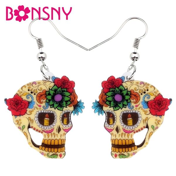 

bonsny statement acrylic classic halloween floral skull earrings dangle drop new fashion jewelry for women girls ladies charms, Silver