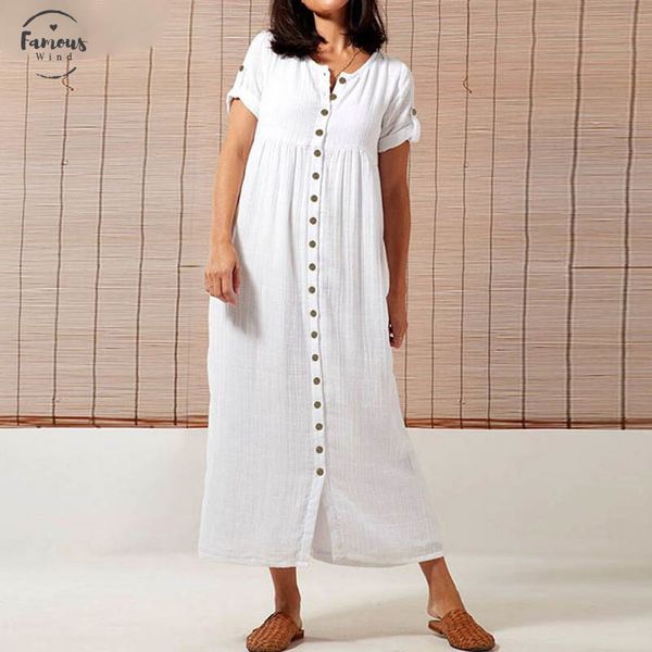 

plus size women vintage dress 2020 summer long dresses short sleeve casual loose buttons solid button party maxi vestidos robe, Black;gray