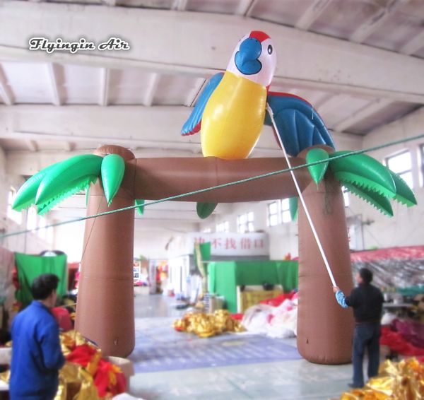 Aufblasbarer Palmenbogen, 4 m breit, luftgeblasener Torbogen mit einem Papageienvogel für die Dekoration des Dschungel-Freizeitparks