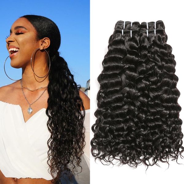 

water wave virgin human hair bundles curly malaysian hair 4 pcs 10-26 inch malaysian water wave hair extensions ing, Black