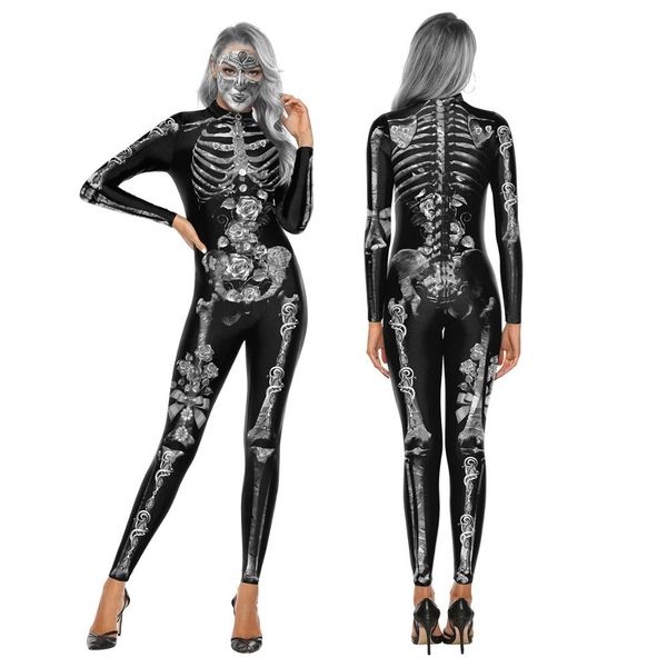

new 3d print skeleton costume elastic jumpsuit scary halloween costumes for women mechanical skull plus size bodysuit vdb1014, Black;red