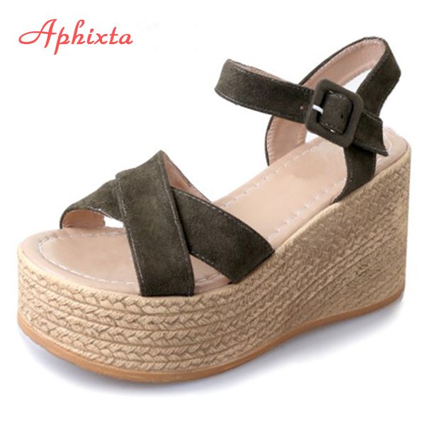 

aphixta platform wedge heel women's sandals woman shoes flock summer peep toe fashion high heel buckle sandals sandalia feminina, Black