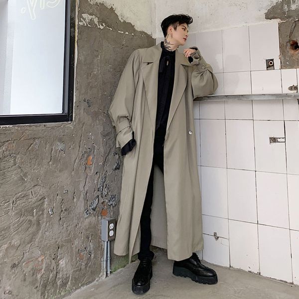 

men vintage fashion loose casual long style trench coat robe male high street hip hop overcoat windbreaker jacket outerwear, Tan;black