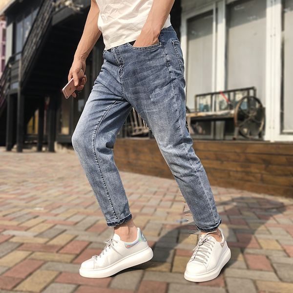 

mens designer fashionable brand washed nine-point jeans high quality, Blue