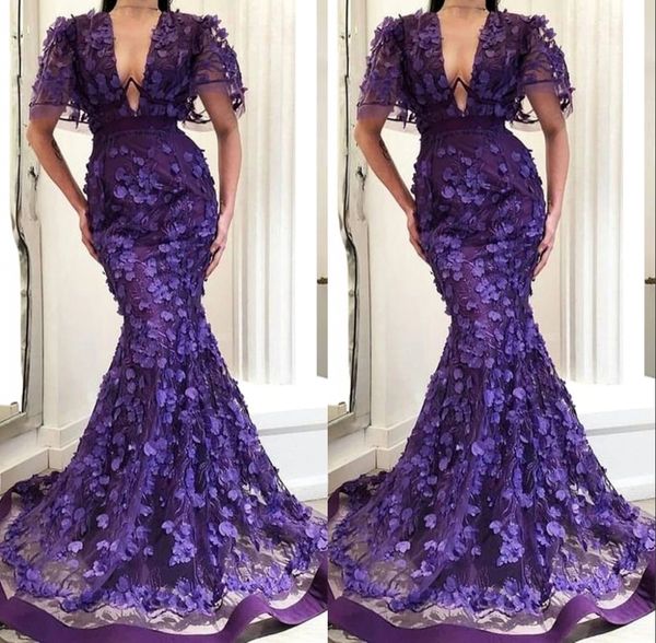 

Deep V Neck 3D Flower Mermaid Evening Formal Dresses 2019 Elegant Prom Gowns Overskirts Middle East Evening Wear Plus Size Abendkleider