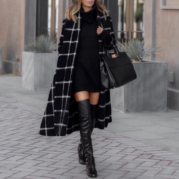 

designer womens overcoat new brand long woolen overcoat fashion womens checked coat with a belt elegant style size s- wholesales, Black