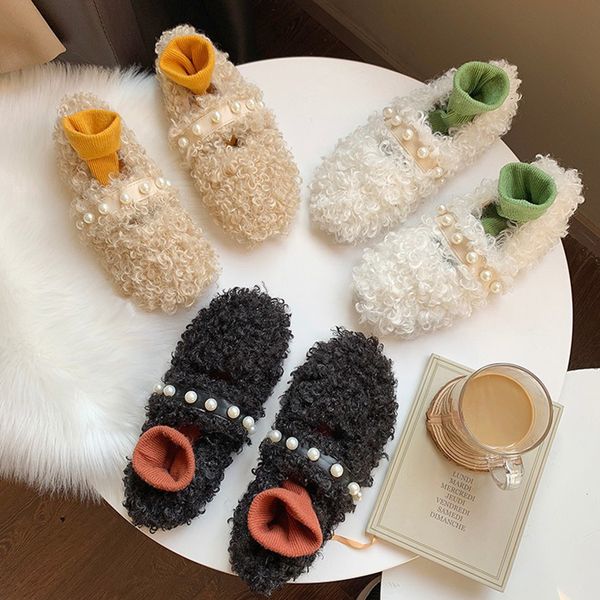 

all-match round toe korean shoes casual female sneakers loafers fur women's moccasins pearl decorateion 2019 new winter beading, Black