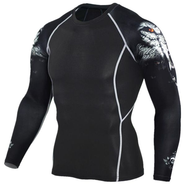 

men's fitness 3d print long sleeve cycling fitness compression foundation layer mma tights jersey sports foundation, Black