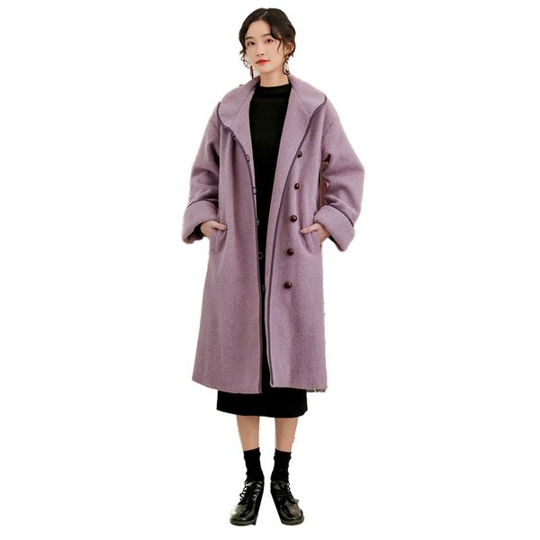 

women trench coat lapel elegant purple lace up woolen long outerwear spring autumn fashion windbreaker cardigan overcoat ll89, Black