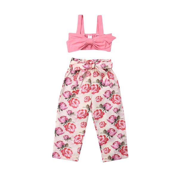 

2019 new toddler kids baby girls clothes sets or bag pink vest floral pants trouser beach holiday outfit clothes 2pcs, White