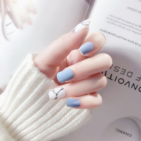 White Light Blue Fake Nail Frost Matte Marble Square Artificial