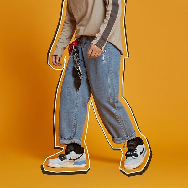 

2019 men's embroidery baggy homme casual pants cargo pocket jeans blue color wide leg pants classic male hip hop trousers -2xl