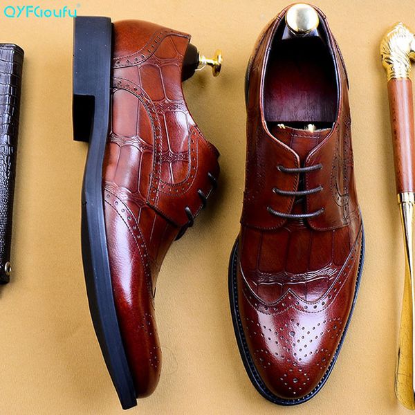 

qyfcioufu 2019 new fashion brogue shoes men pointed toe mens dress shoes office handmade genuine leather formal eu size 46, Black