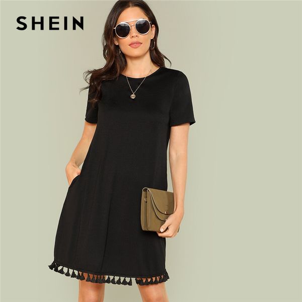 

shein tassel hem side pocket tee dress women summer dress 2019 pocket fringe shift solid h type tunic short sleeve dresses, Black;gray