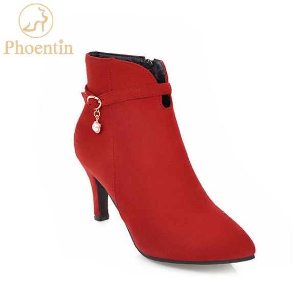 

phoentin thin high heel booties woman flock ankle boots for women zip closure buckle shoes pointy plus size red black ft751