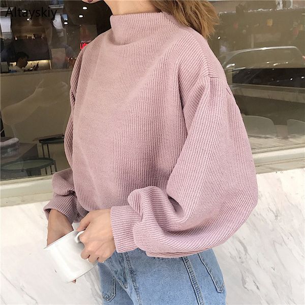 

толстовка женщина сплошной простое все матч корейского стиля kawaii дама элегантных фуфайки женщины модный мягкий прекрасный лук puff рукав, Black