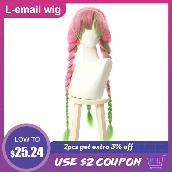 

l-email wig demon slayer kanroji mitsuri cosplay wigs kimetsu no yaiba long pink mix green braid cosplay wig synthetic hair, Black
