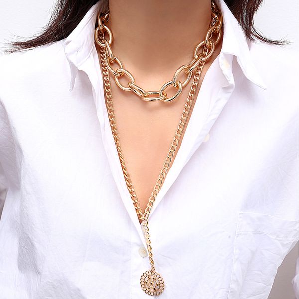 

2019 new cuban long neck chain europe and america thick chain round hollow flower necklace long jewelry, Silver