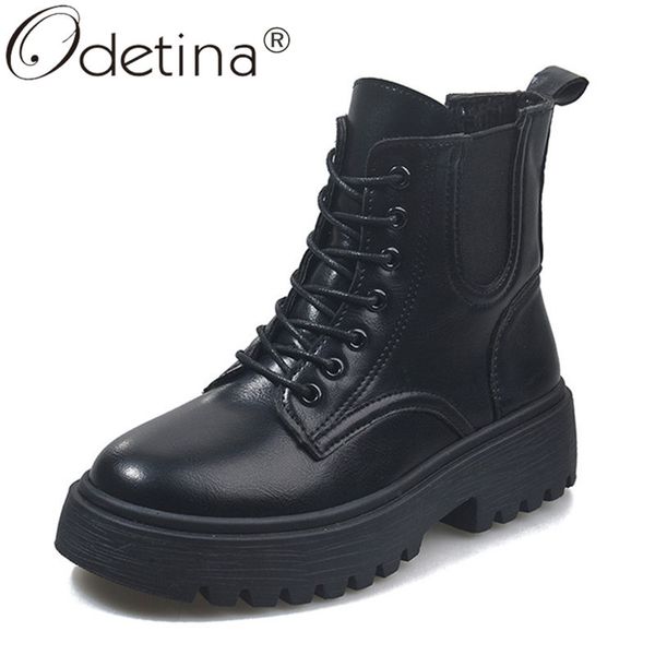 

odetina women platform round toe lace up sewing chelsae boots female retro block mid heel non-slip fashion winter ankle boots, Black