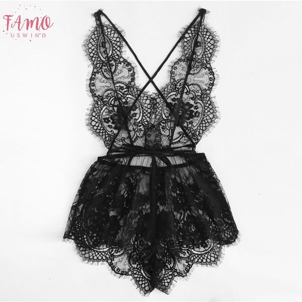 

black eyelash lace deep v neck criss cross back solid lace sleep rompers women summer teddies sleepwear onesies, Black;red
