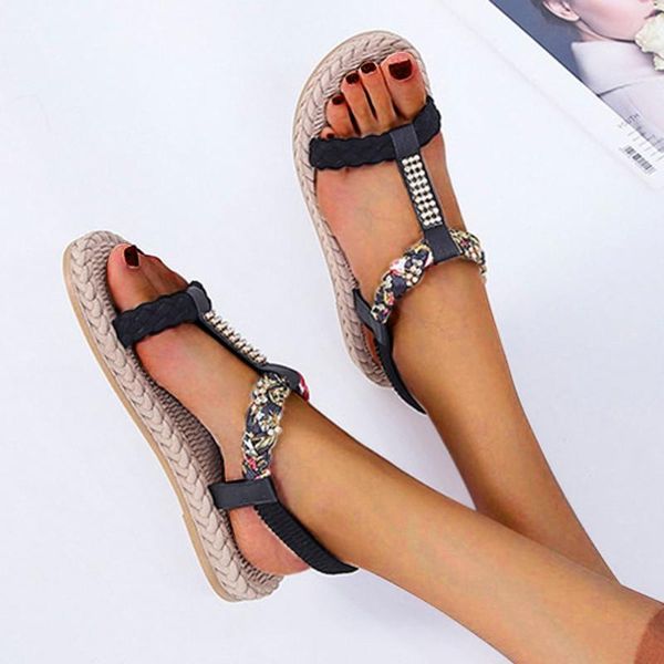 

женщины кристалл t-типа печатных сандалии дамы цветок резинка peep toe плоские сандалии женщины повседневная летняя пляжная обувь #g3, Black