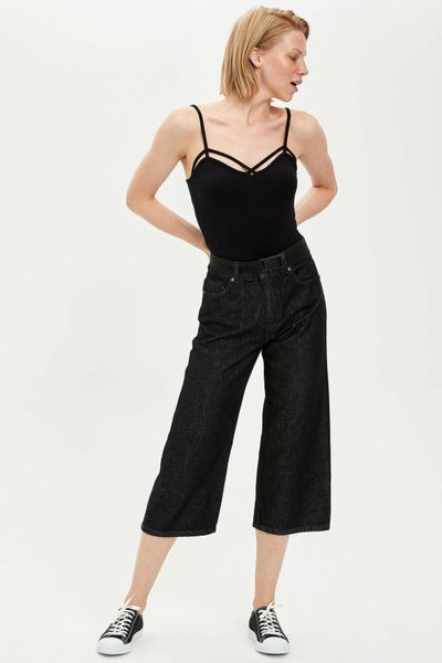 

defacto woman wide-leg black denim jeans women black ninth pants female loose casual black denim bottoms trousers-l5024az19hs, Black;white