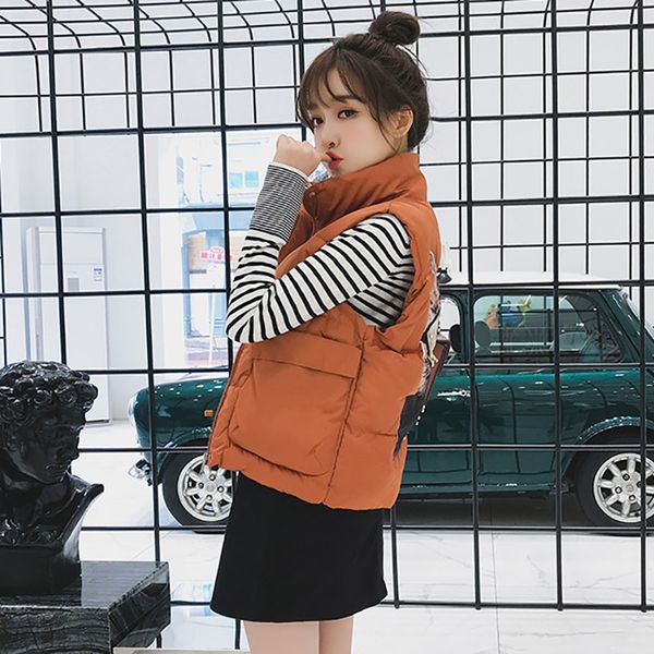 

women sleeveless cartoon print jacket stand collar lightweight warm outdoor coat female wide-waisted casual down coats nm, Black