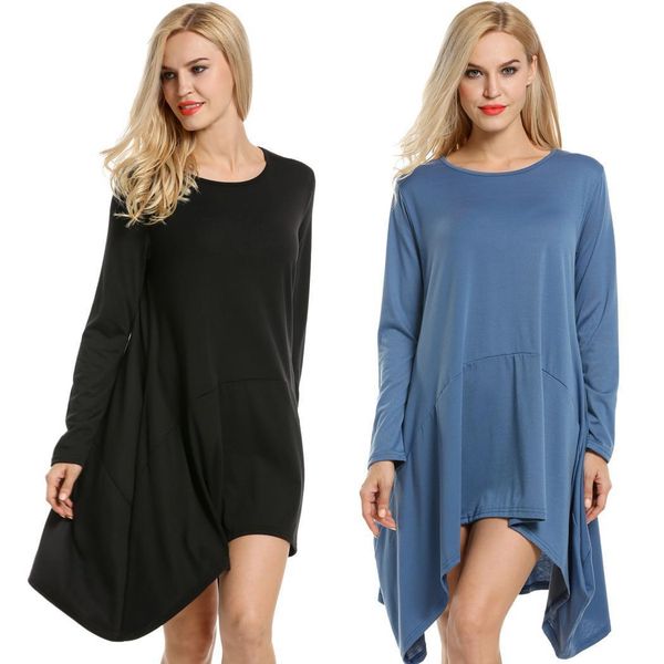 

solid color round neck long sleeve irregular hem dress for women, Black;gray