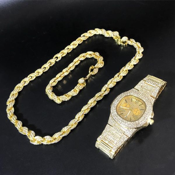 

men gold diamond watch & necklace & braclete ice out watch crystal miami cuban hip hop jewelry stylish for men, Slivery;brown