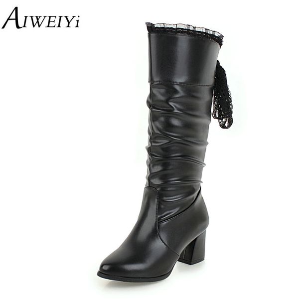 

aiweiyi black knee high boots for women thick heels autumn winter platform shoes woman fur warm winter thigh high boots botas